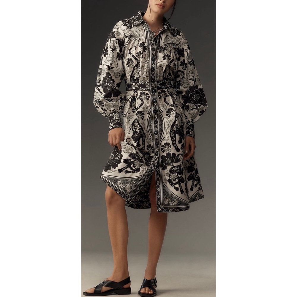 NWT FARM Rio Black and White Floral Midi Shirt Dress